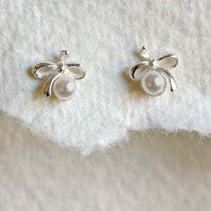 Tiny Bow Pearl Stud Earrings